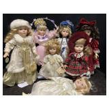 7 PORCELAIN DOLLS 6 ON STANDS