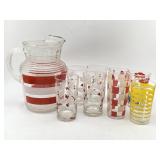 Mid Century Colorful Pitcher & 8 Tumblers