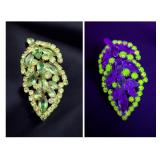 Large Weiss Green Rhinestone Leaf Brooch Pin, UV