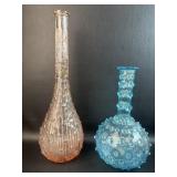 2 Decanters No Stoppers. Blue is possibly Fenton