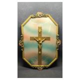 Crucifix Brass Frame Convex Bubble Glass Antique