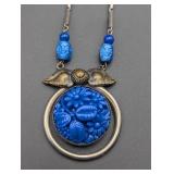 Art Deco Czech Deep Blue Carved Glass Necklace