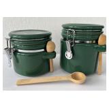2 Ceramic Canisters w Wood Spoons