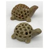 2 HAND CARVED SOAP STONE MOTHER W/ BABY TURTLES,