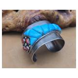Sterling Silver, Turquoise & Coral Cuff by McKenze