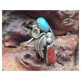 Vintage Navajo Silver, Turquoise & Coral Ring