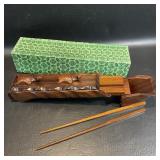 Wood Chopstick Holder w/ Carved Turtles 6 Pair