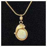14K Gold Necklace Navajo Signed AB Diamonds Opal