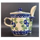 Pottery Tea Cup w/ Strainer & Spoon Poland