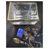 Trinket Box Glass & Brass w/ Costume Jewelry