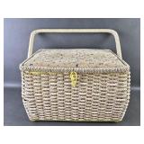 Vtg Embroidered Wicker Sewing Basket