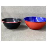 2 GRANITEWARE BOWLS RED W/ BLUE INSIDE & BLACK W/