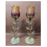 Vintage Faroy Brass Candle Holders Amber Tulips