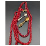Czech Red Glass Seed Bead Necklace & Vintage Pins