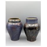 2- DRIP GLAZE BLUES & BROWNS VASES 7" TALL