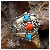 Sterling 925 Silver Navajo Ring Turquoise & Coral