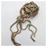 Gold Tone Rhinestone Lion Brooch w/ Tassels