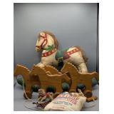 WOOD HORSE PULL TOY, STUFFED ROCKING HORSE,
