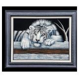 Framed Velvet Painting White Tiger Signed