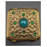Art Deco Brass Powder Compact , Green Rhinestones