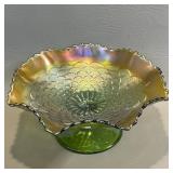 Vintage Carnival Glass Pedestal Bowl , Green