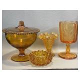 Vintage Amber Glass Fenton Hobnail Vase & Ashtray