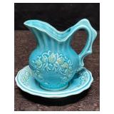 VINTAGE ENESCO SMALL PITCHER & SAUCER AQUA BLUE