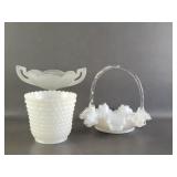 Milk Glass Ruffled Art Glass Basket , Hobnail +