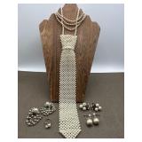 Faux Pearls Necktie, Earrings & Ring Fashion