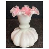 FENTON SILVER CREST PINK OVERLAY MILK GLASS VASE