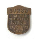 BRASS BADGE 1923 LICENSED CHAUFFEUR ILLINOIS