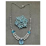 Aqua Blue Rhinestones Choker & Flower Brooch
