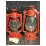 PAIR RED KEROSENE LANTERNS ONE NOS & ONE BARLEY