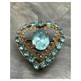 Signed Czecho Blue Rhinestones Heart Brooch