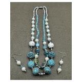 Sparkly Sky Blue & White Necklace & Earrings Set