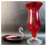 Ruby Red Swan Dish w/Ruby Red Vase