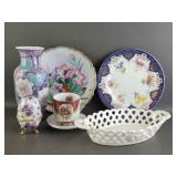 Hand Painted Floral Plates , Vase , Trinket Box +