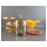 Vtg Iridescent Carnival Glass Jar , Compote +