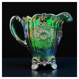 Green Carnival Glass Dahlia Pitcher Mosser Glass