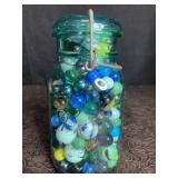 BI-CENTENNIAL BALL QT. JAR W/ GLASS LID FULL OF