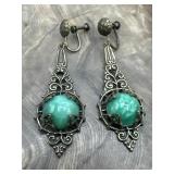 Vintage Green Glass Filigree Earrings Czech Style