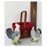 Vintage Rooster Figurines, Handled Basket & Folk