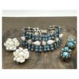 Blue Stones & White Glass Bracelet & Clip On