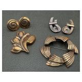 Vintage Retro Artisan Copper Brooch & Earrings