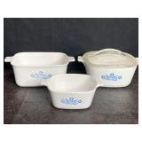 3 CORNING WARE BLUE CORNFLOWER CASSEROLES W/ ONE