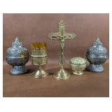 Gold Tone Table Top Crucifix, Candle Holders+