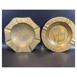 2 Vintage Solid Brass Ashtrays w/ Flowers, 1