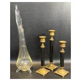 3 Footed Clear Vintage Swung Vase + 3 Brass &
