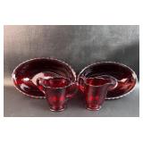 4 Pieces Ruby Red Glass, 2 Ival Bowls w/ Sugar &