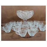 Vintage Pedestal Punch Bowl Sunburst with 14 Cups